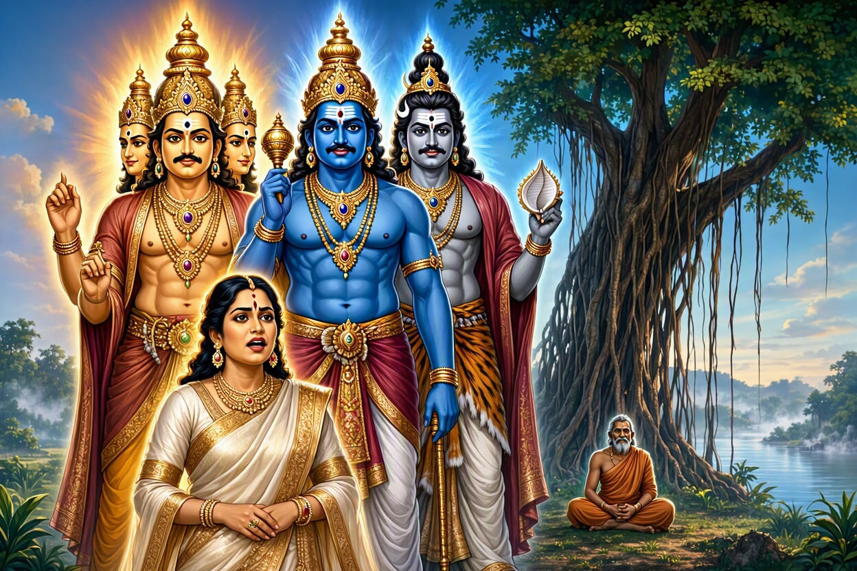 Anusuya and Brahma, Vishnu and Shiva