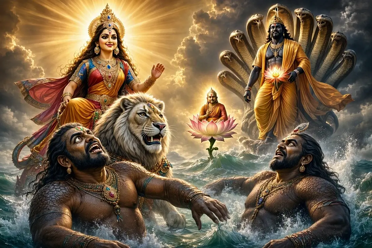 Battle of Madhu Kaitabha with Vishnu and Durga