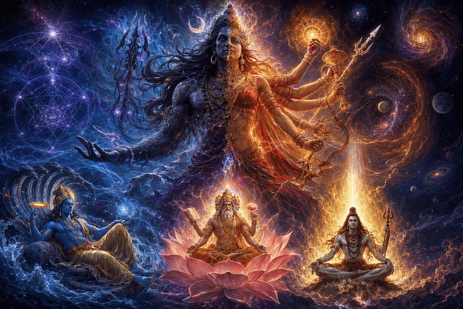 The Cosmic Manifestation of Brahma, Vishnu, Shiva