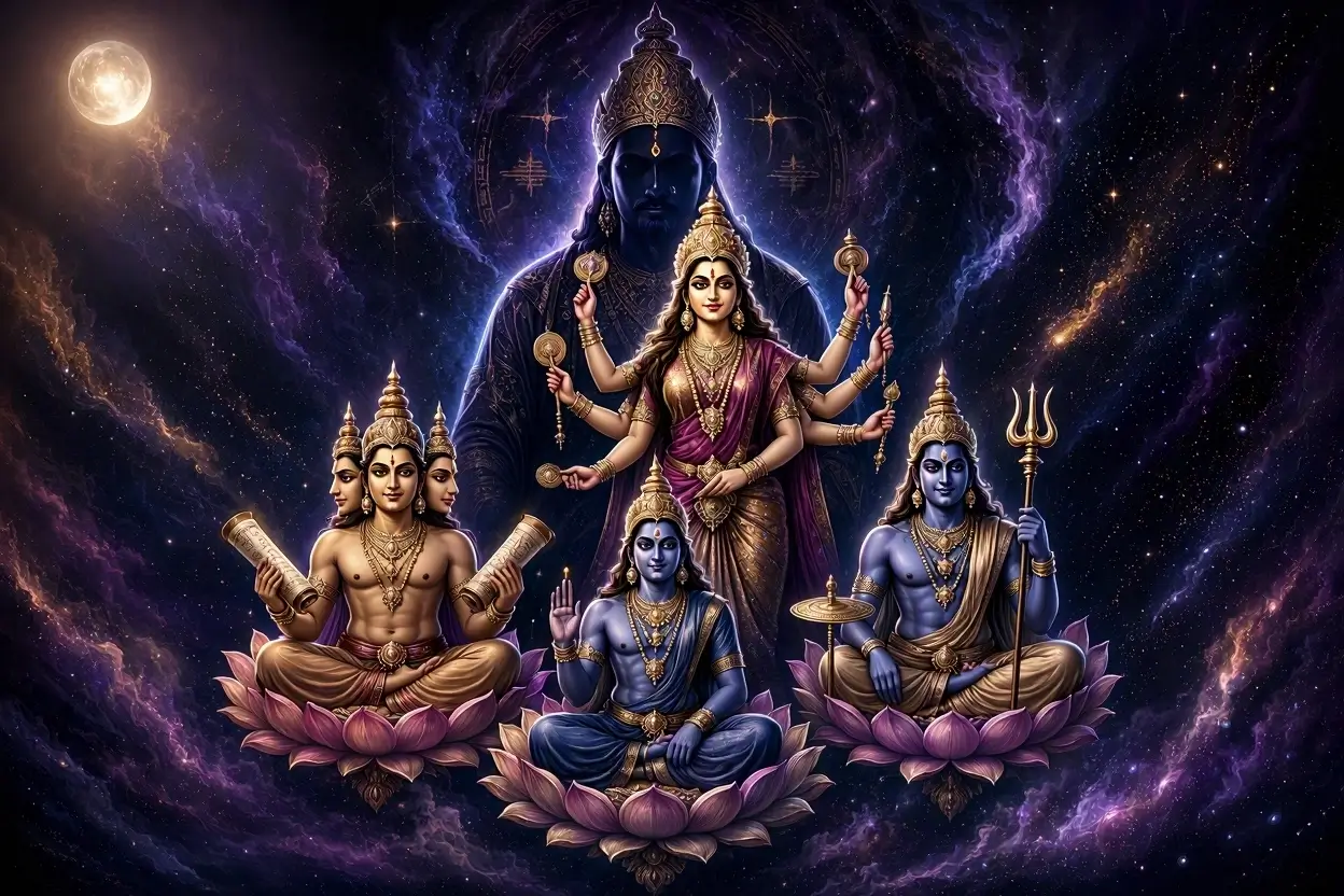 Artistic spiritual infographic explaining the metaphysical lineage and father of Brahma, Vishnu, and Shiva